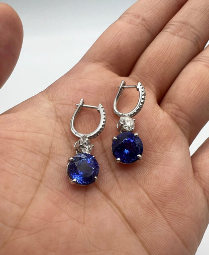 8.90 Total Carat Tanzanite and Diamond Drop Earrings in 18K White Gold