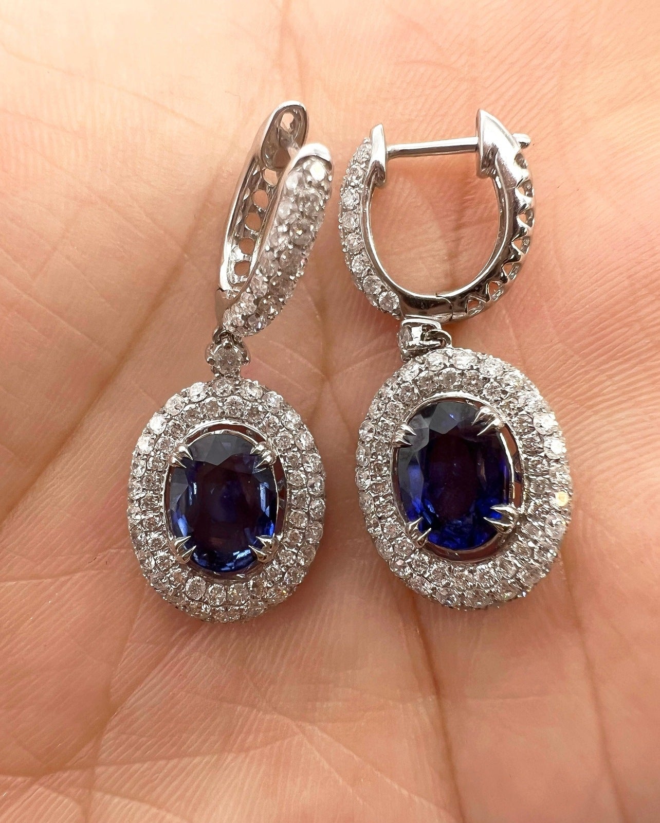 5.01 Total Carat Blue Sapphire Dangle Earrings with Pave Diamond Halo in 18K White Gold