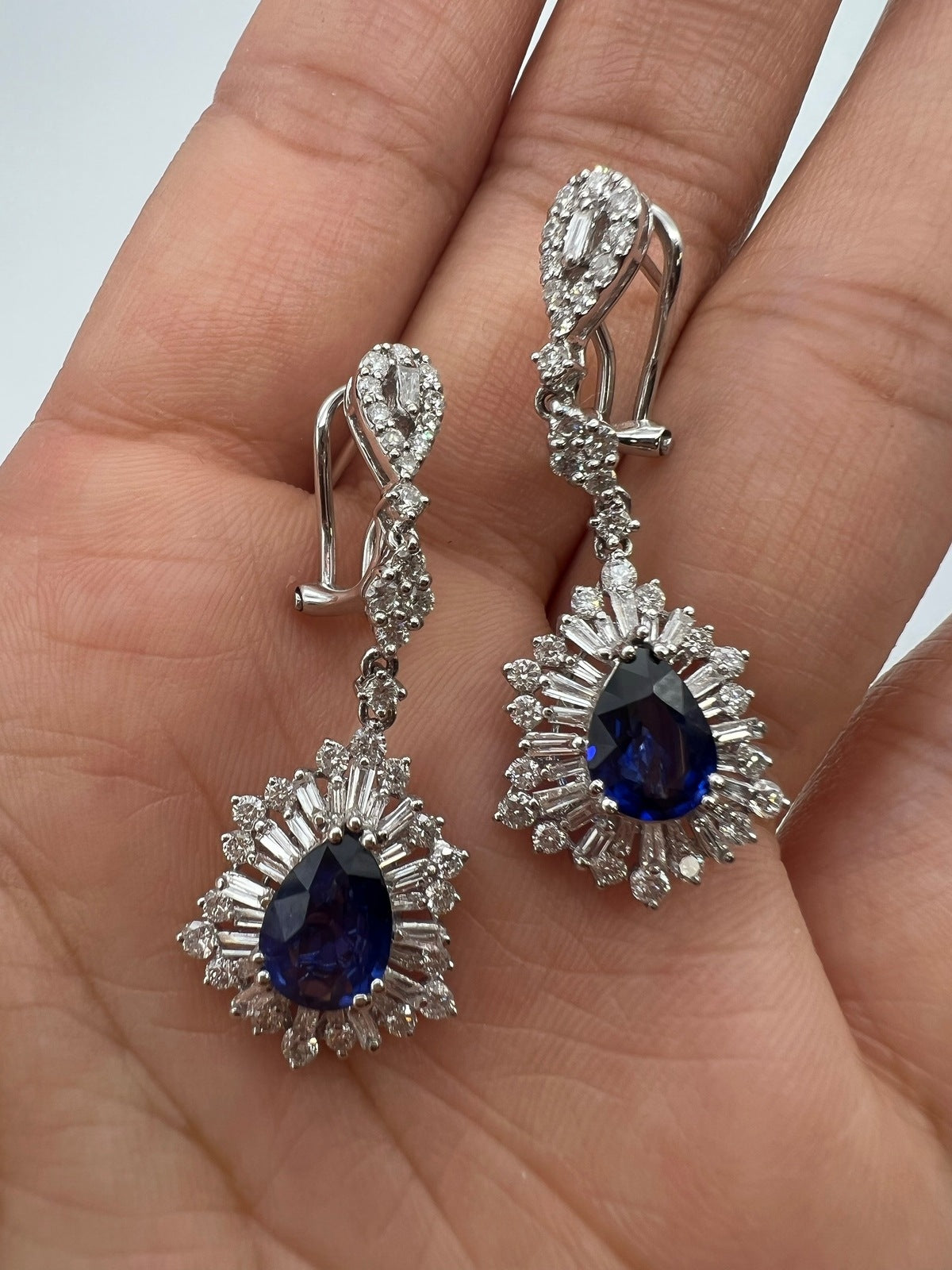 4.38 Total Carat Sapphire with Baguette and Round Diamond Earrings in 18K White Gold