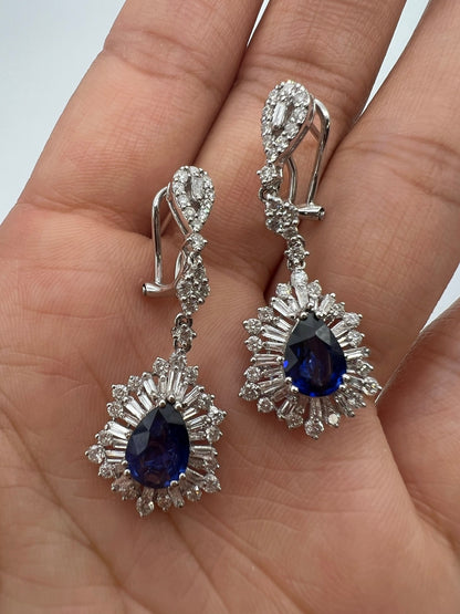 4.38 Total Carat Sapphire with Baguette and Round Diamond Earrings in 18K White Gold