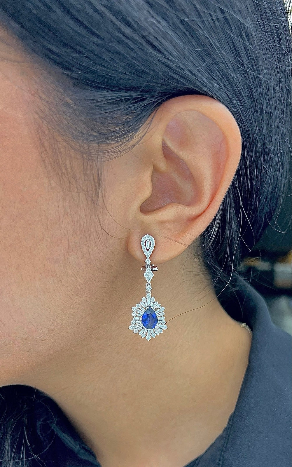 4.38 Total Carat Sapphire with Baguette and Round Diamond Earrings in 18K White Gold