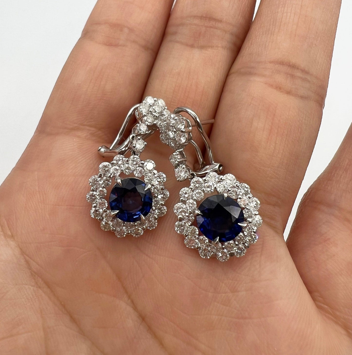 5.71 Total Carat Blue Sapphire Drop Earrings with Bezel set Double-Halo Diamond in 18K White Gold