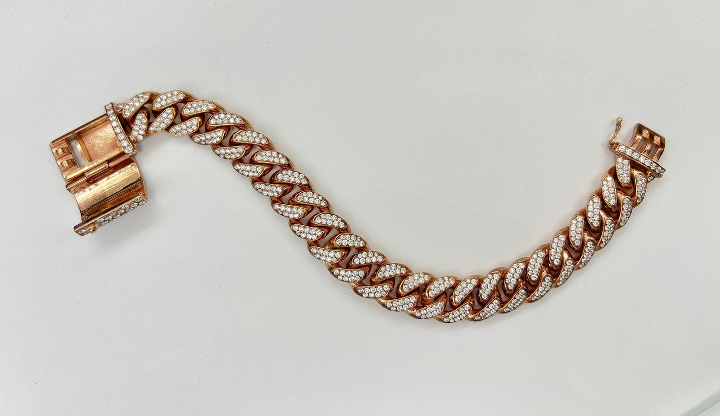 11.5 Carat Unisex 14K Rose Gold Iced Out Cuban Link Diamond Bracelet, 113g 8"