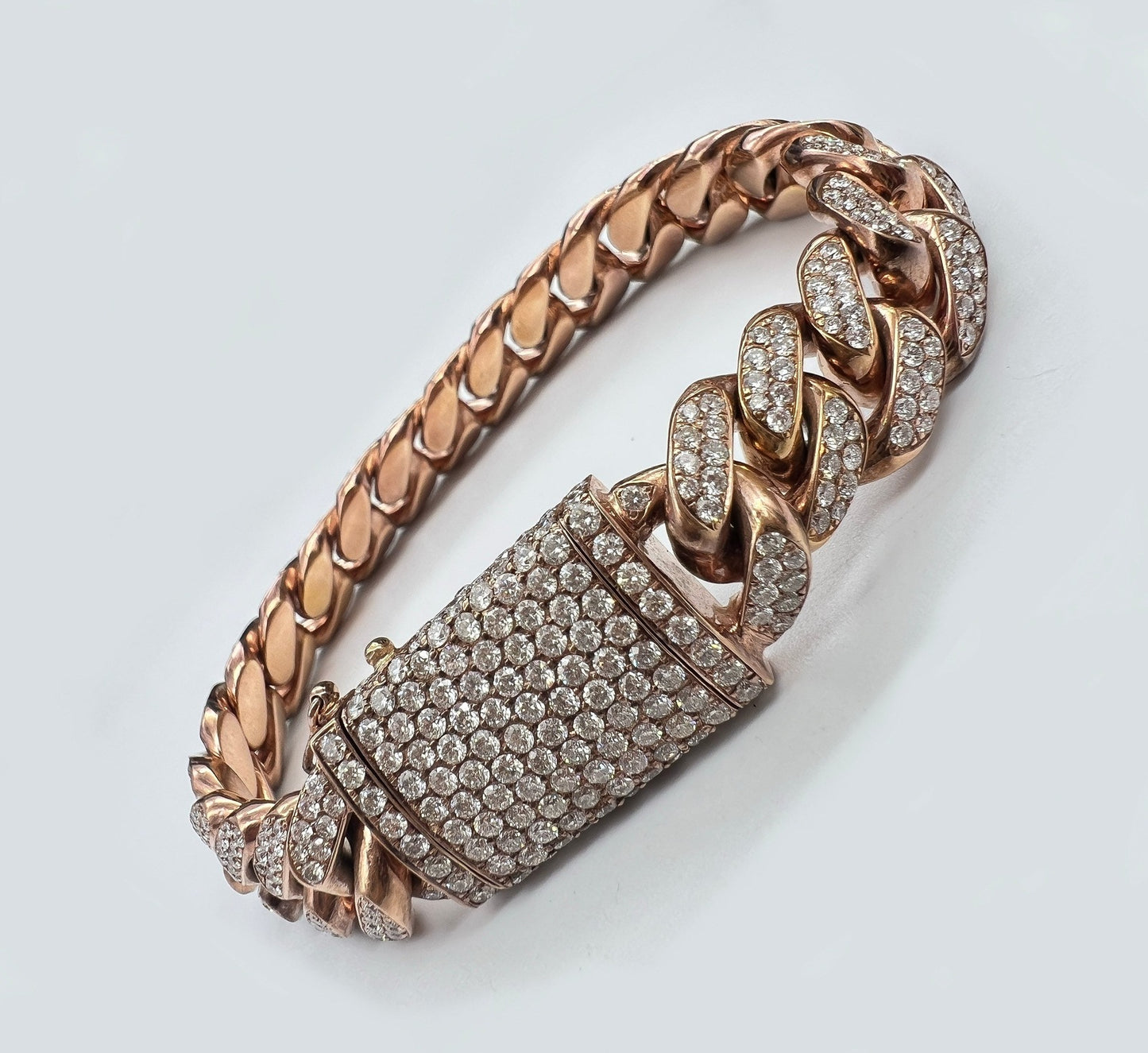 11.5 Carat Unisex 14K Rose Gold Iced Out Cuban Link Diamond Bracelet, 113g 8"