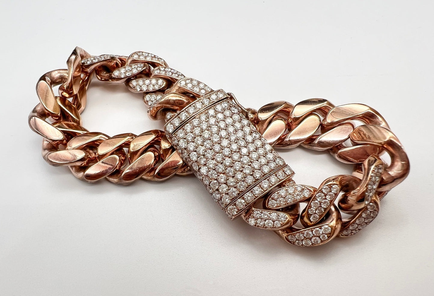 11.5 Carat Unisex 14K Rose Gold Iced Out Cuban Link Diamond Bracelet, 113g 8"