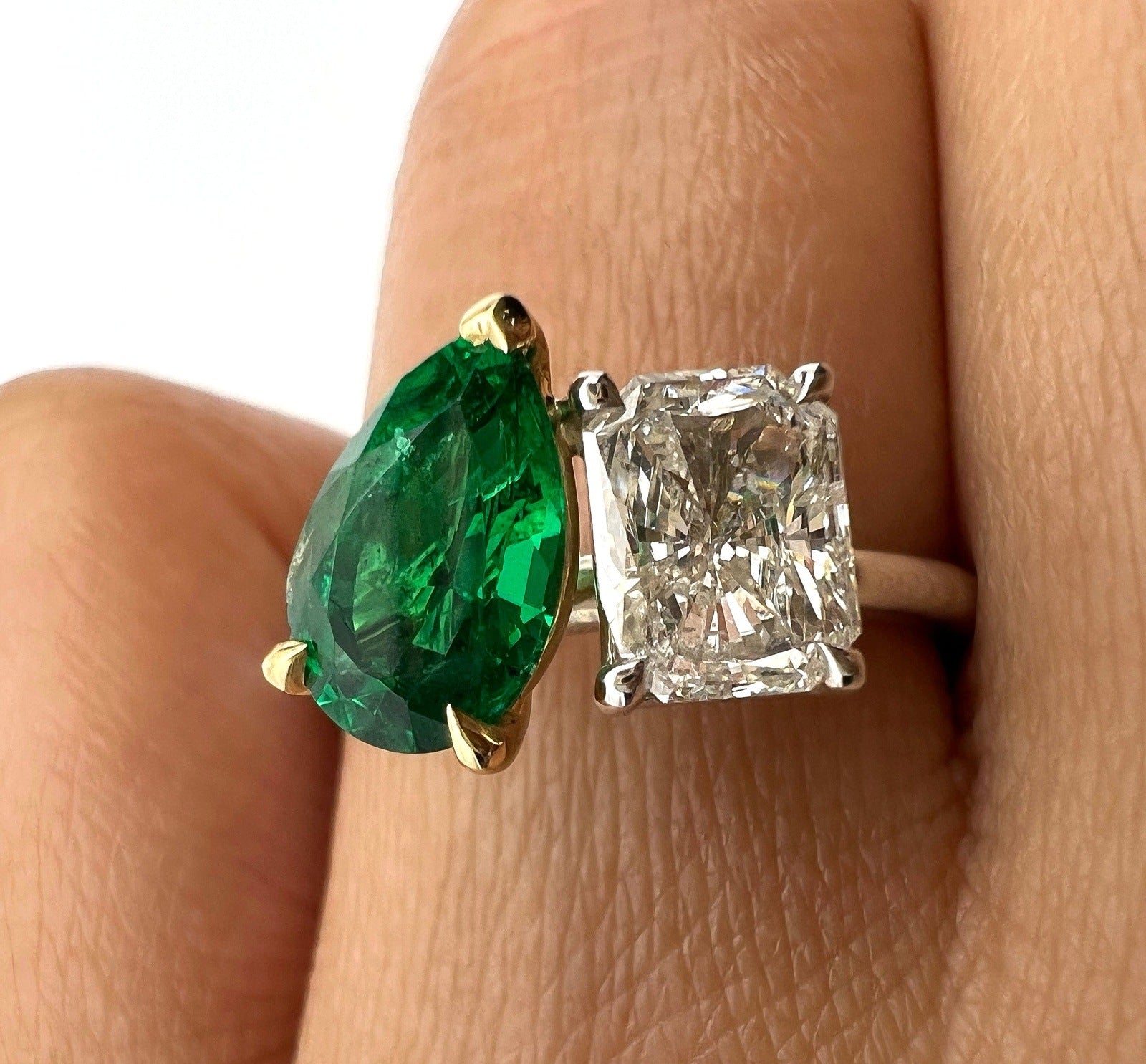 2.18 Total CT Two-Stone Emerald and Diamond Ladies Ring in 18K White Gold, GIA
