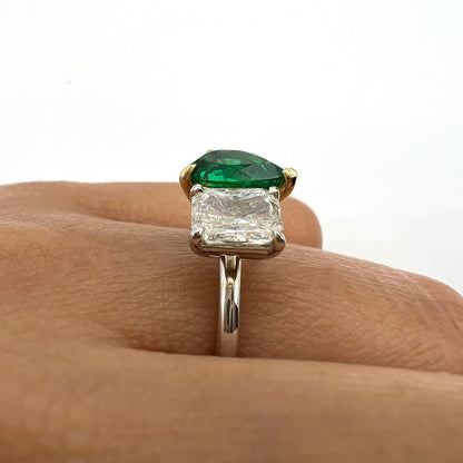 2.18 Total CT Two-Stone Emerald and Diamond Ladies Ring in 18K White Gold, GIA