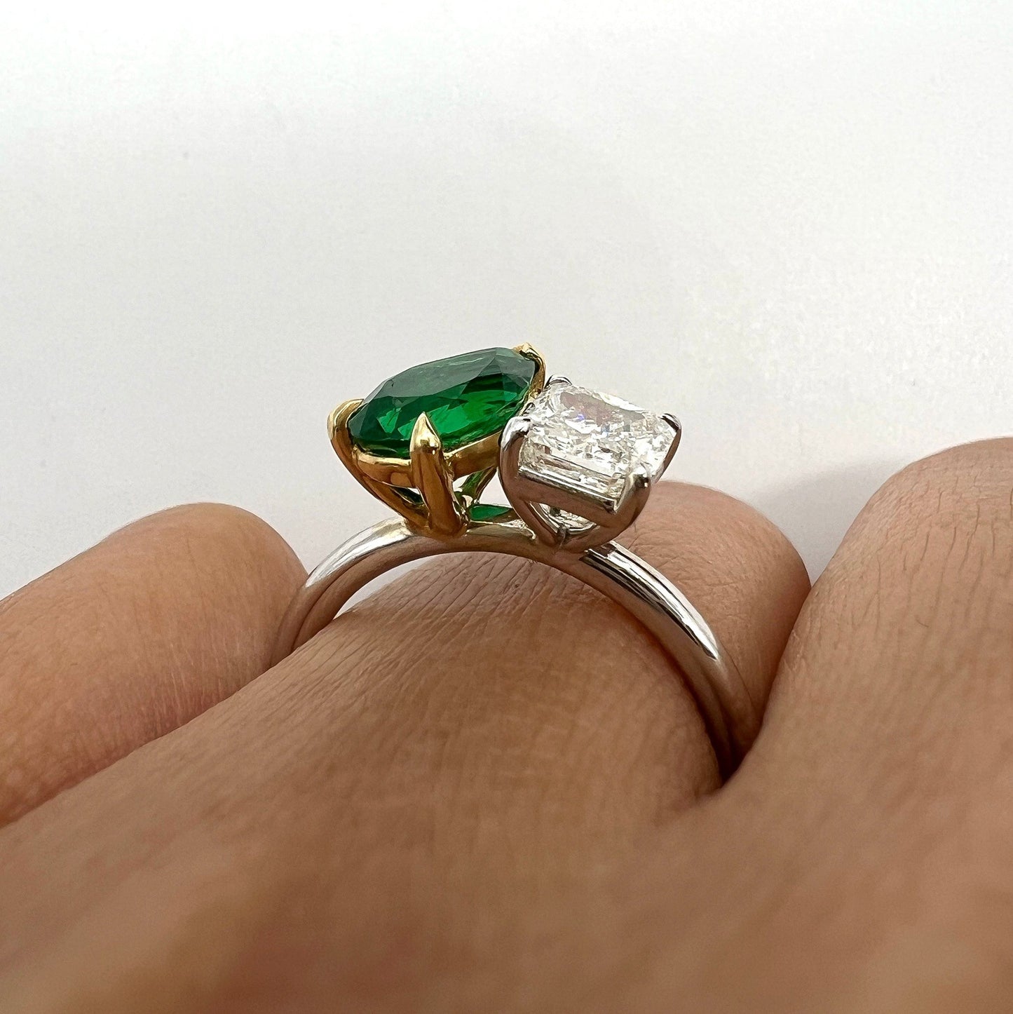 2.18 Total CT Two-Stone Emerald and Diamond Ladies Ring in 18K White Gold, GIA