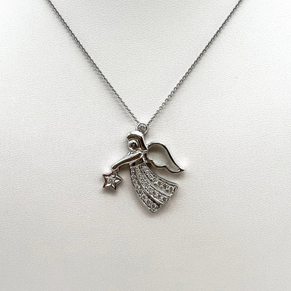 Handmade Angel Motif Diamond Pendant Necklace in 14K White Gold
