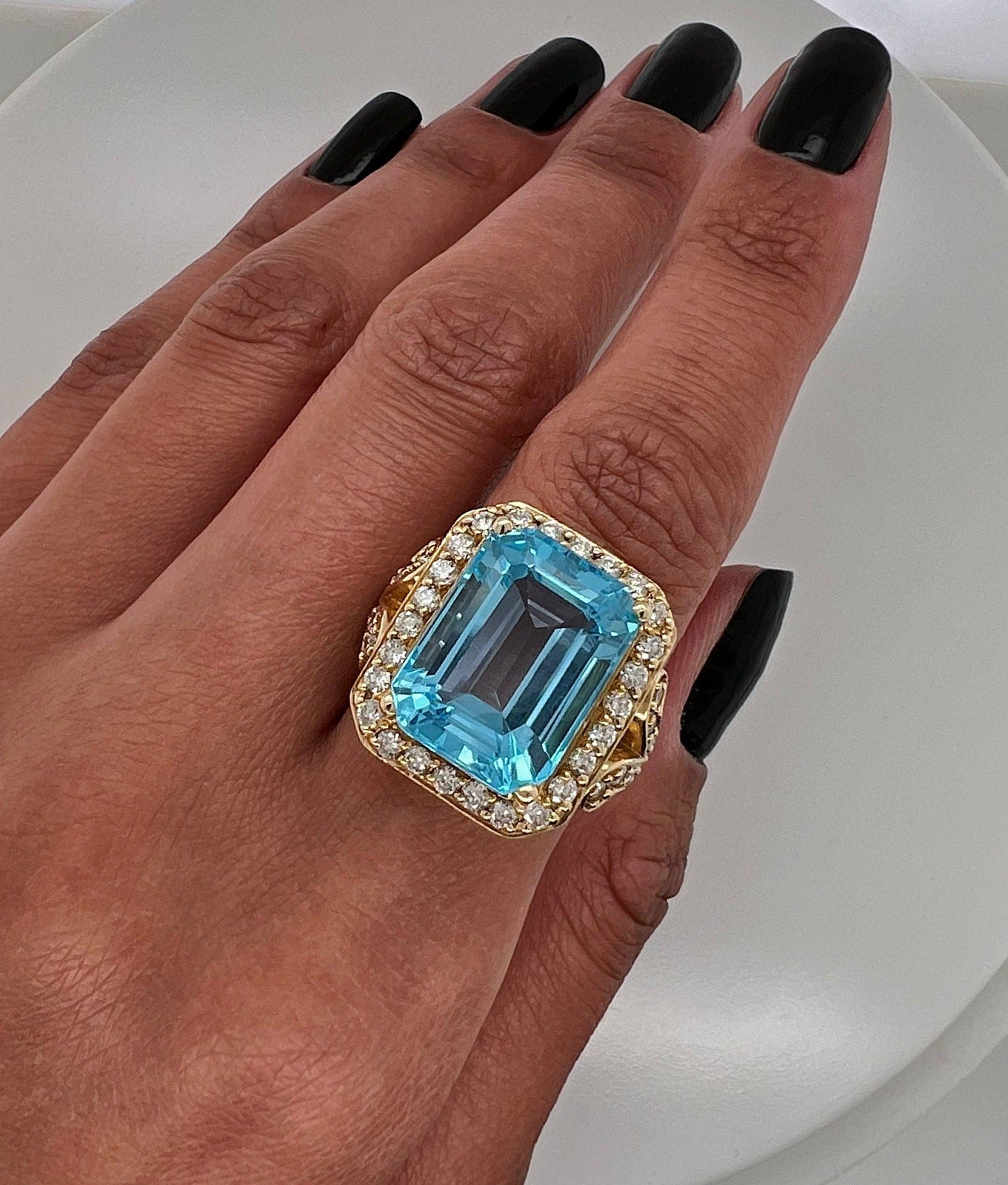 13.67 Carat Blue Topaz Ring With Diamonds In Yellow Gold