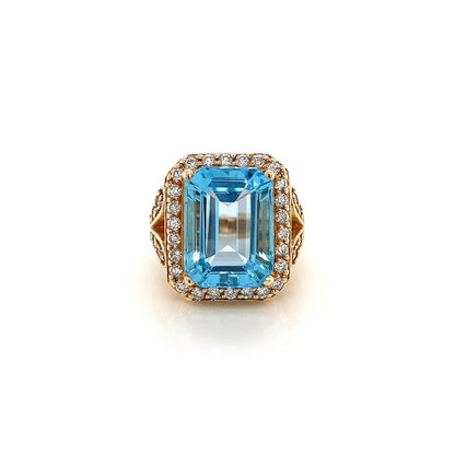 13.67 Carat Blue Topaz Ring With Diamonds In Yellow Gold