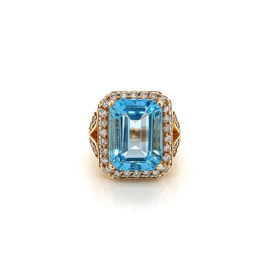 13.67 Carat Blue Topaz Ring With Diamonds In Yellow Gold