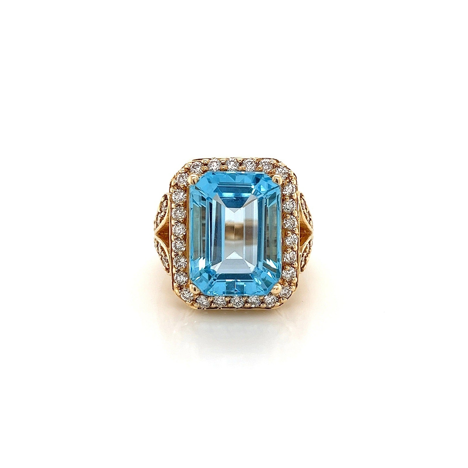 13.67 Carat Blue Topaz Ring With Diamonds In Yellow Gold