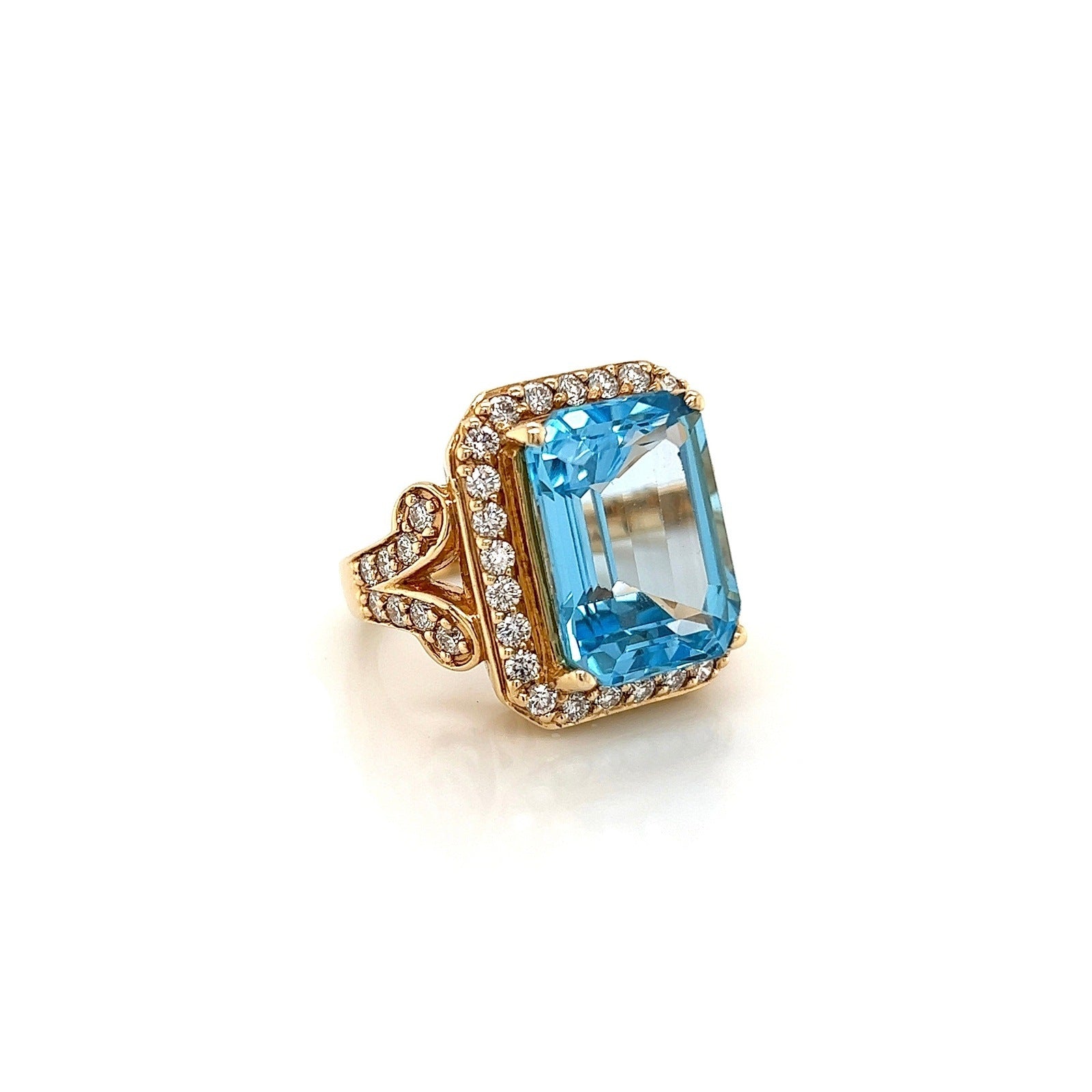 13.67 Carat Blue Topaz Ring With Diamonds In Yellow Gold