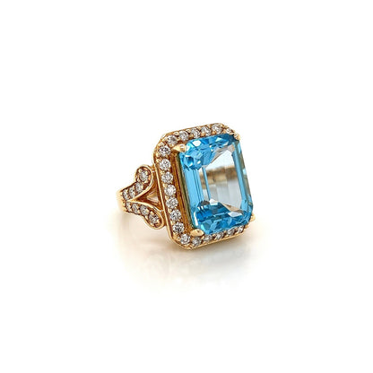 13.67 Carat Blue Topaz Ring With Diamonds In Yellow Gold
