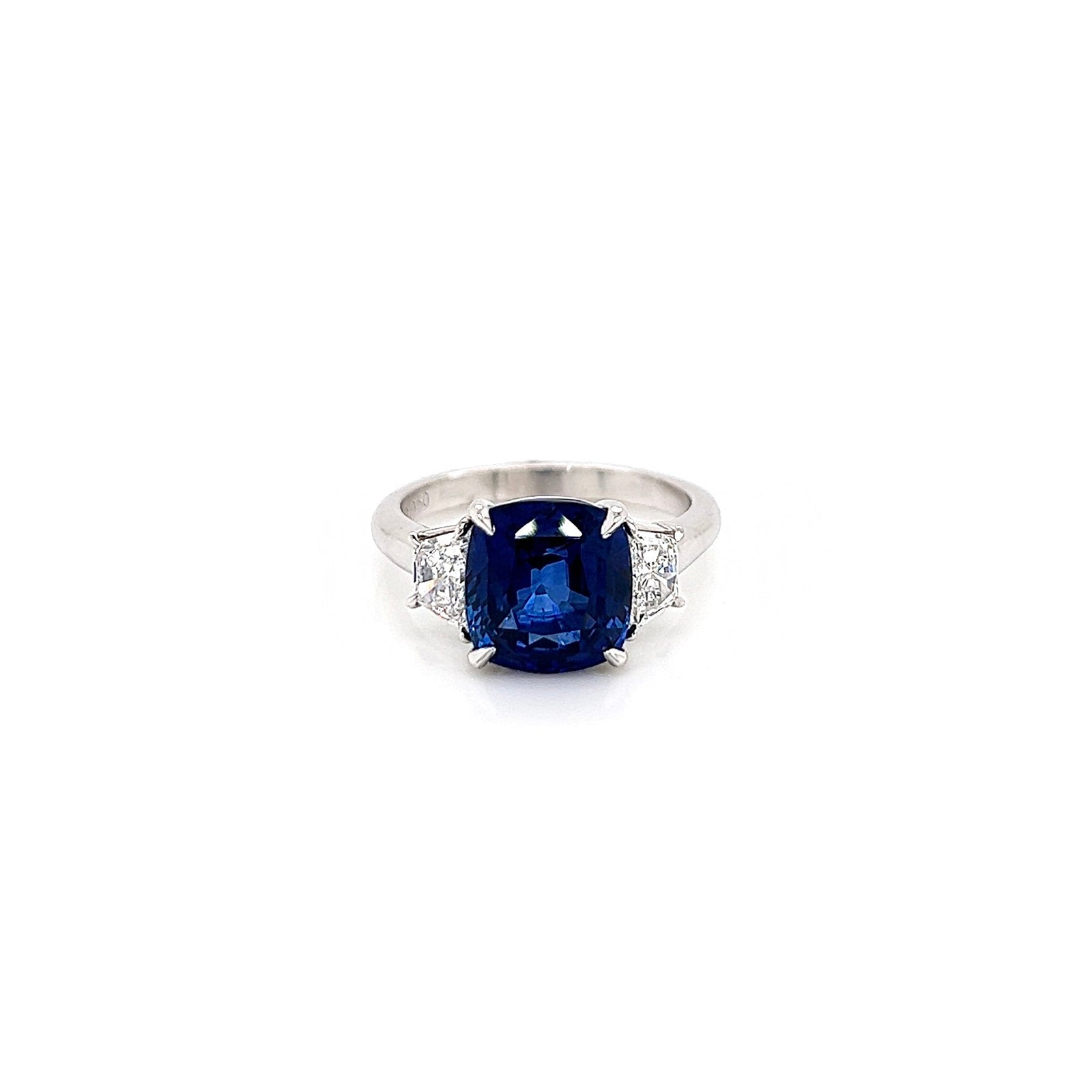 5.52 Total Carat Cushion Cut Blue Sapphire and Diamond Ladies Ring GIA