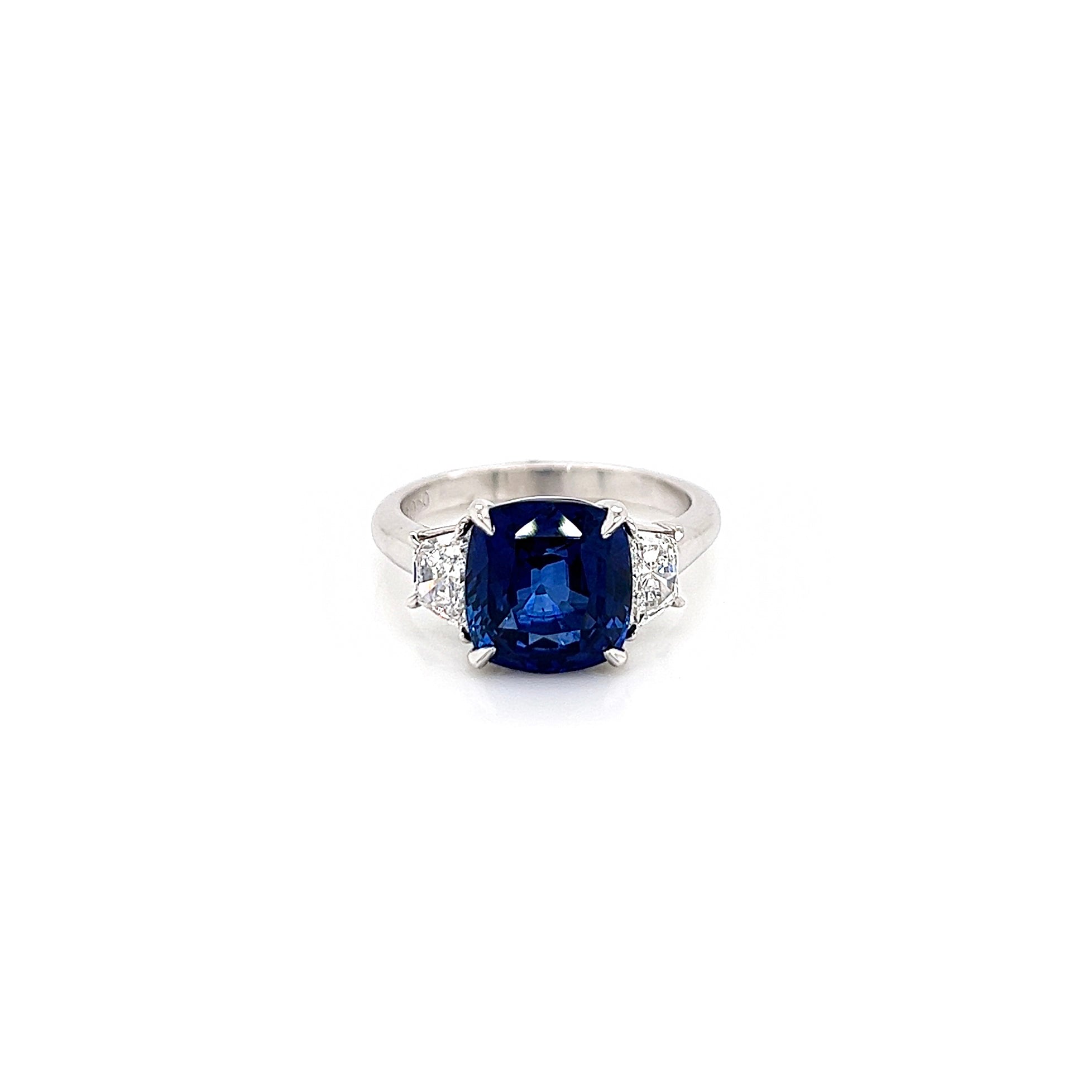 5.52 Total Carat Cushion Cut Blue Sapphire and Diamond Ladies Ring GIA