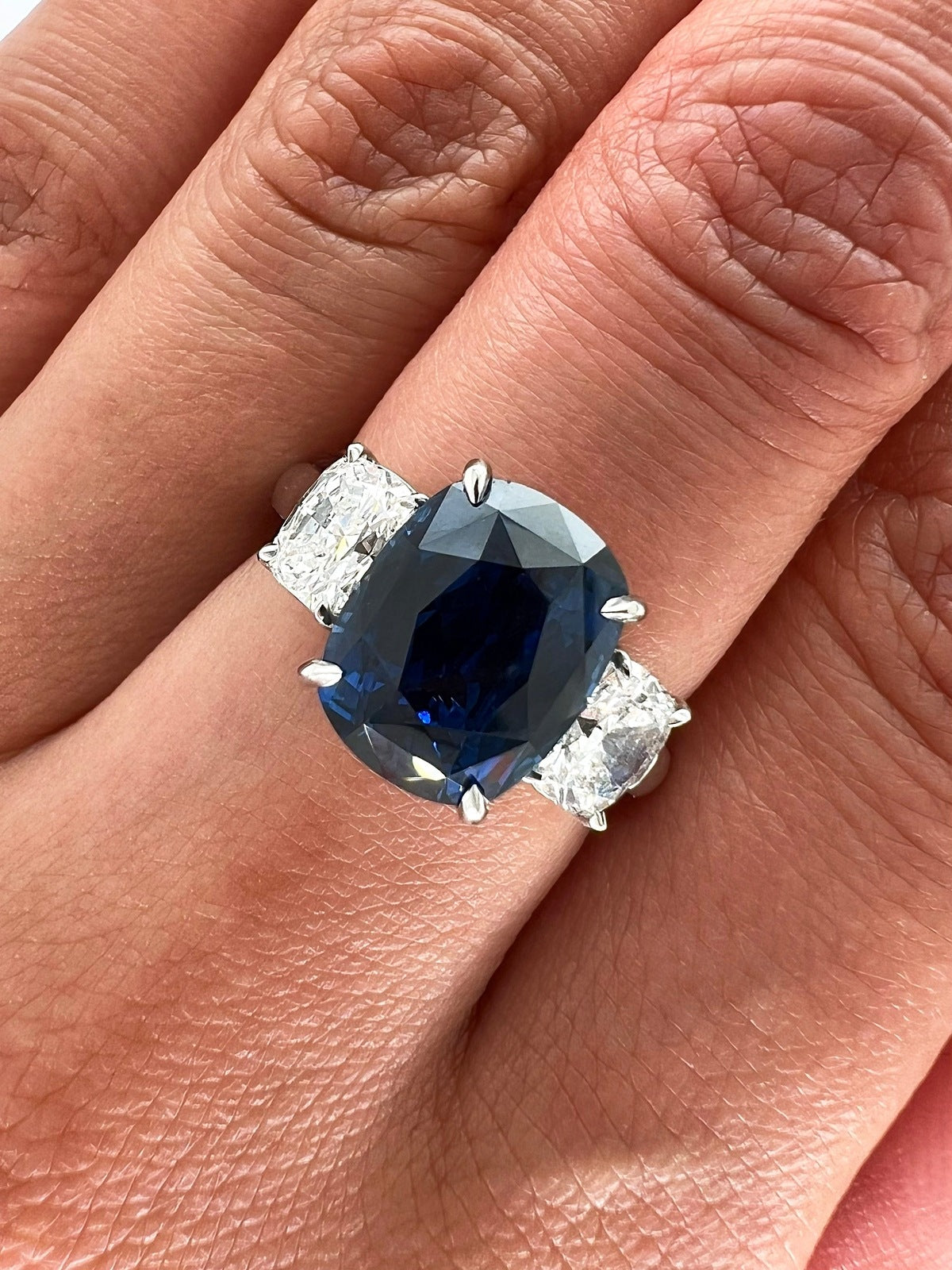 6.47 Total Carat Sapphire and Diamond Three Stone Ladies Ring