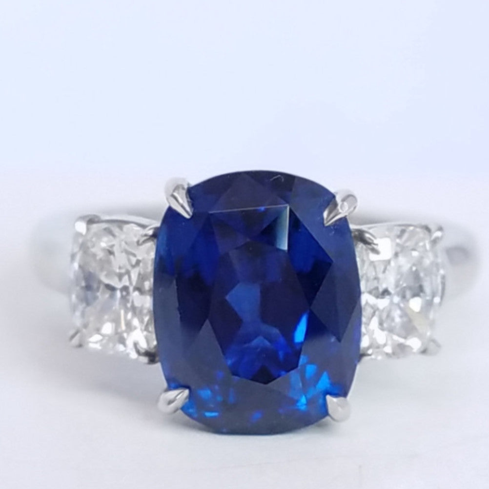 6.47 Total Carat Sapphire and Diamond Three Stone Ladies Ring
