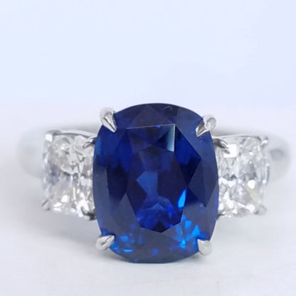 6.47 Total Carat Sapphire and Diamond Three Stone Ladies Ring
