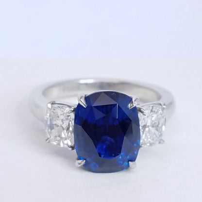 6.47 Total Carat Sapphire and Diamond Three Stone Ladies Ring