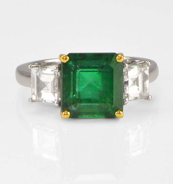 "LADRG01360" Three Stone Green Emerald Engagement Ring in Platinum 1.77 ct. tw.