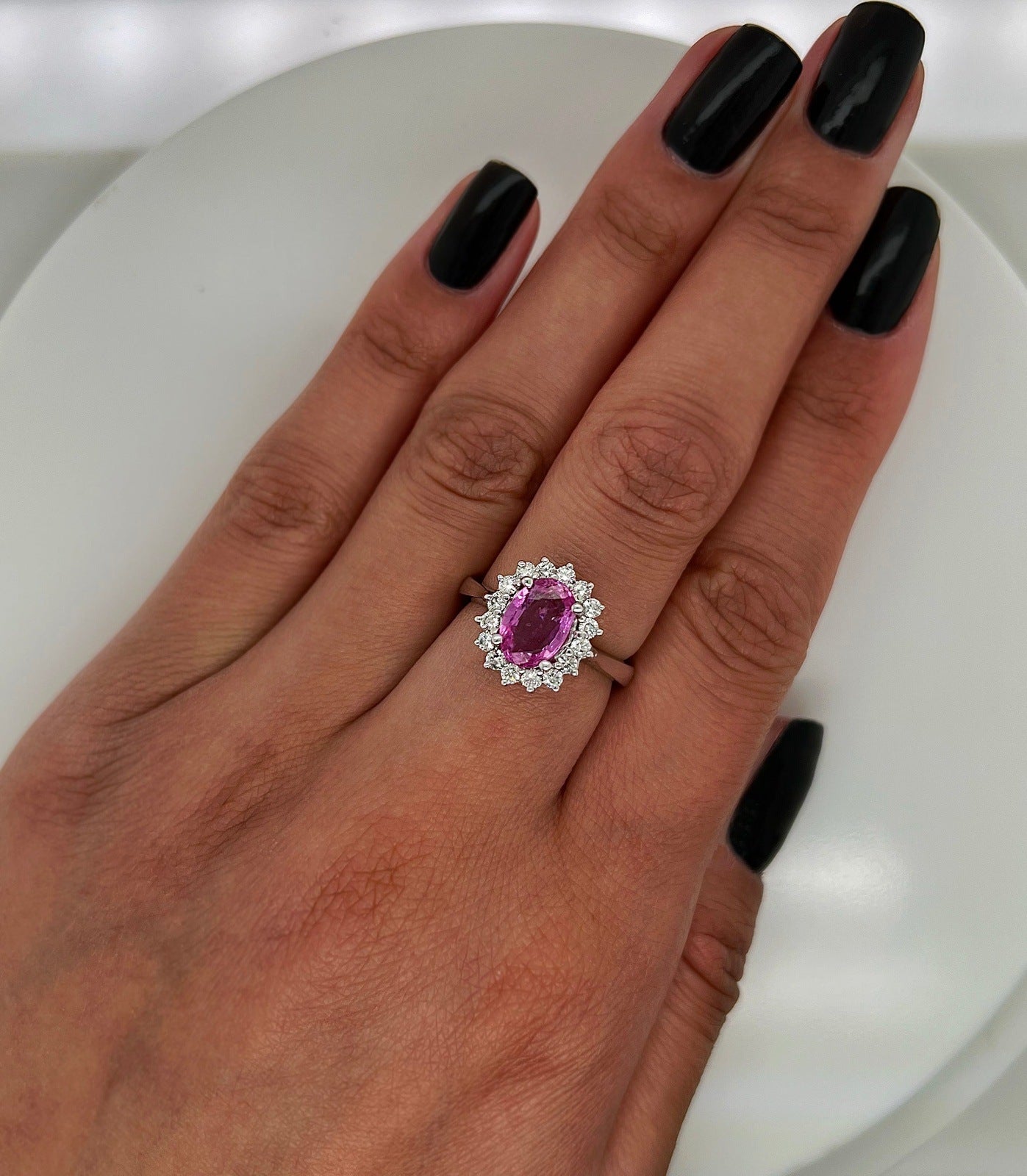 2.16 Total Carat Pink Sapphire Diamond Halo Ladies Ring