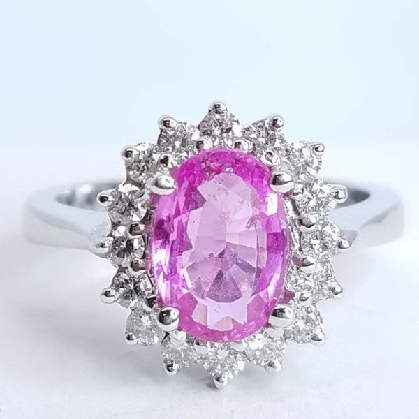 2.16 Total Carat Pink Sapphire Diamond Halo Ladies Ring