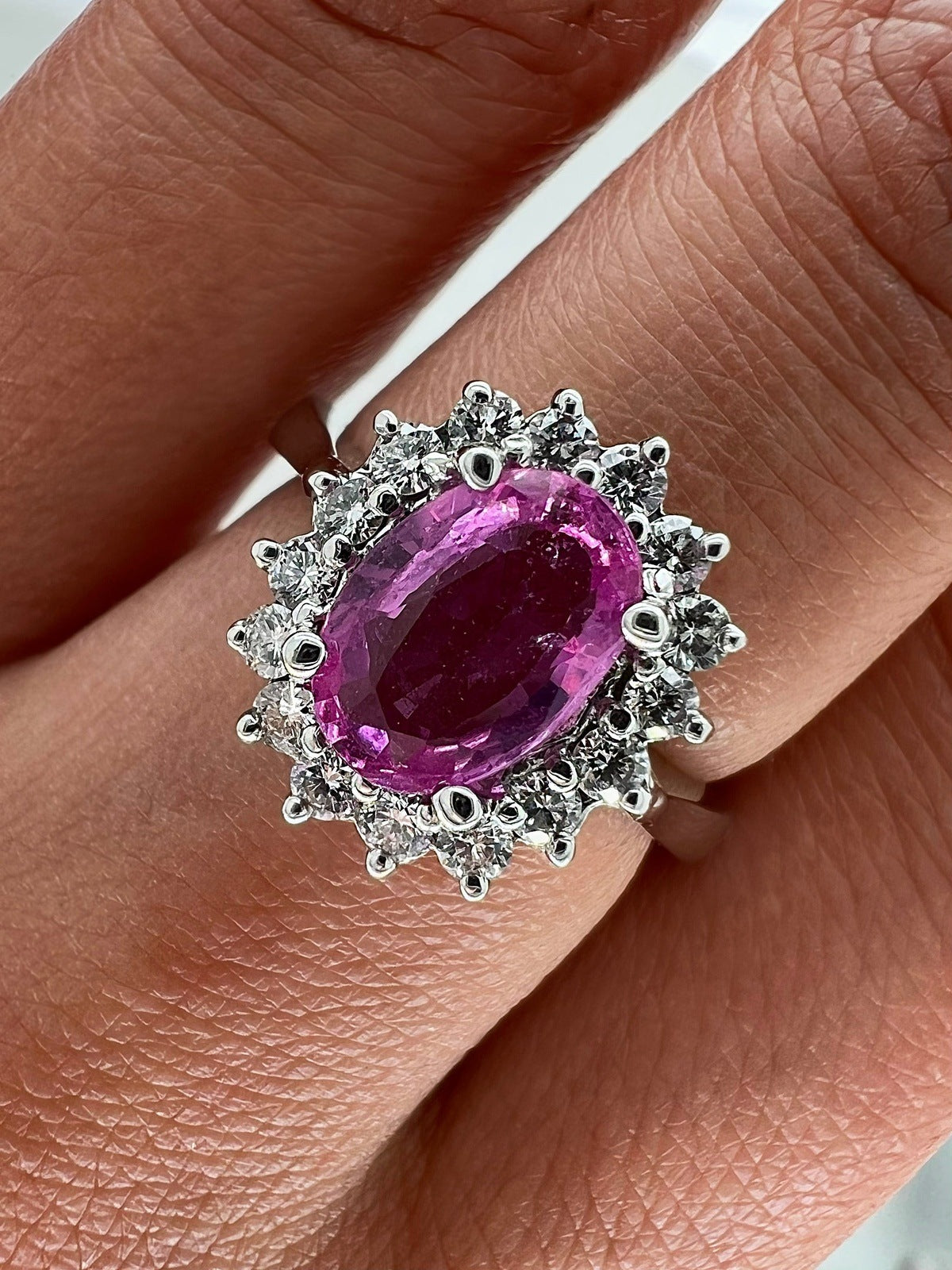 2.16 Total Carat Pink Sapphire Diamond Halo Ladies Ring