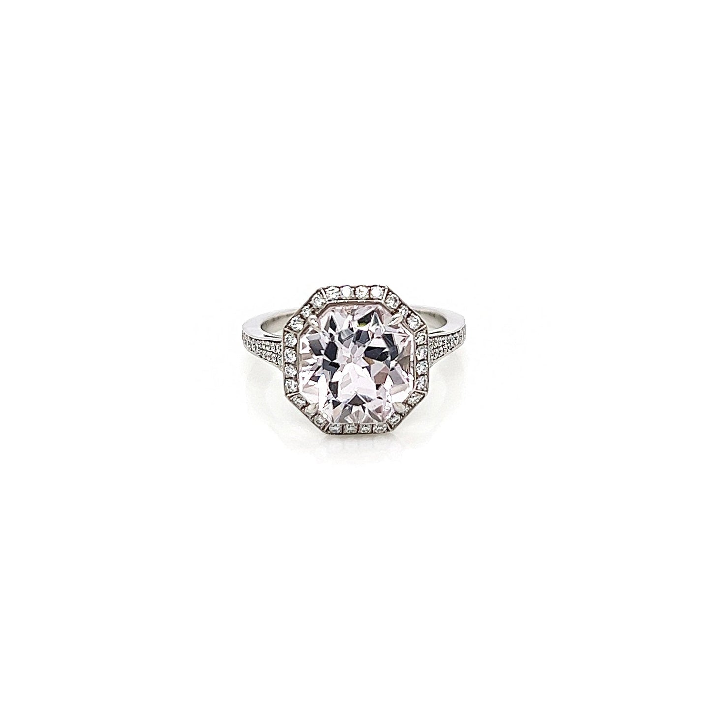 4.45 Total Carat Kunzite and Diamond Halo Pave-Set Ladies Ring
