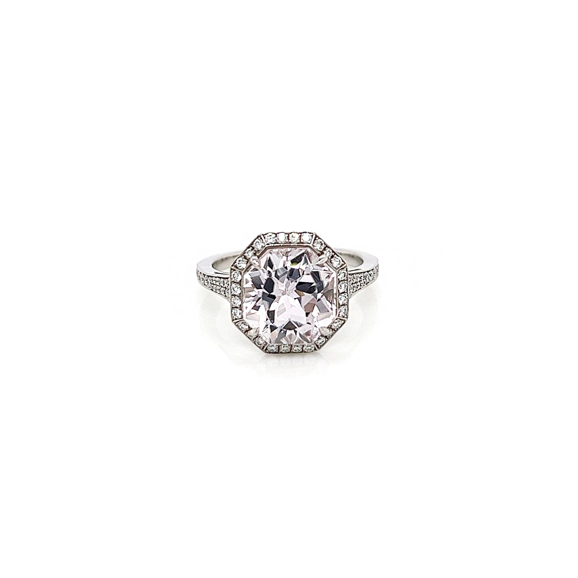 4.45 Total Carat Kunzite and Diamond Halo Pave-Set Ladies Ring