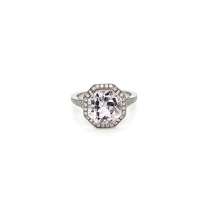 4.45 Total Carat Kunzite and Diamond Halo Pave-Set Ladies Ring