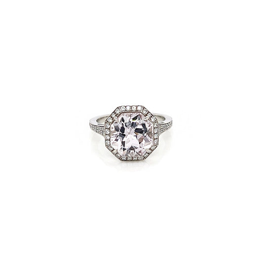 4.45 Total Carat Kunzite and Diamond Halo Pave-Set Ladies Ring