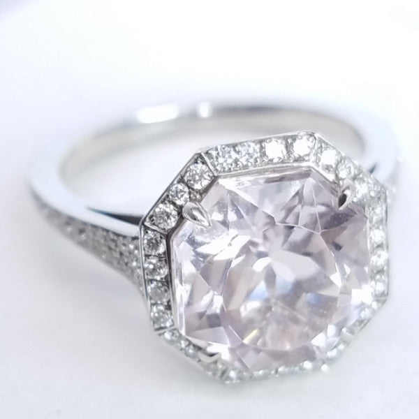 4.45 Total Carat Kunzite and Diamond Halo Pave-Set Ladies Ring