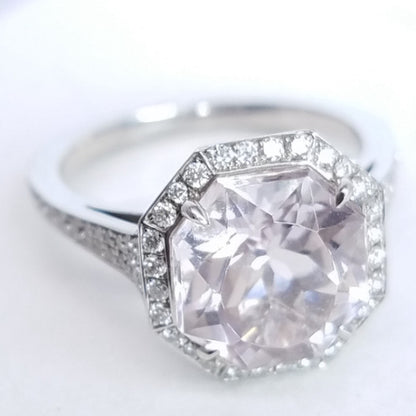 4.45 Total Carat Kunzite and Diamond Halo Pave-Set Ladies Ring