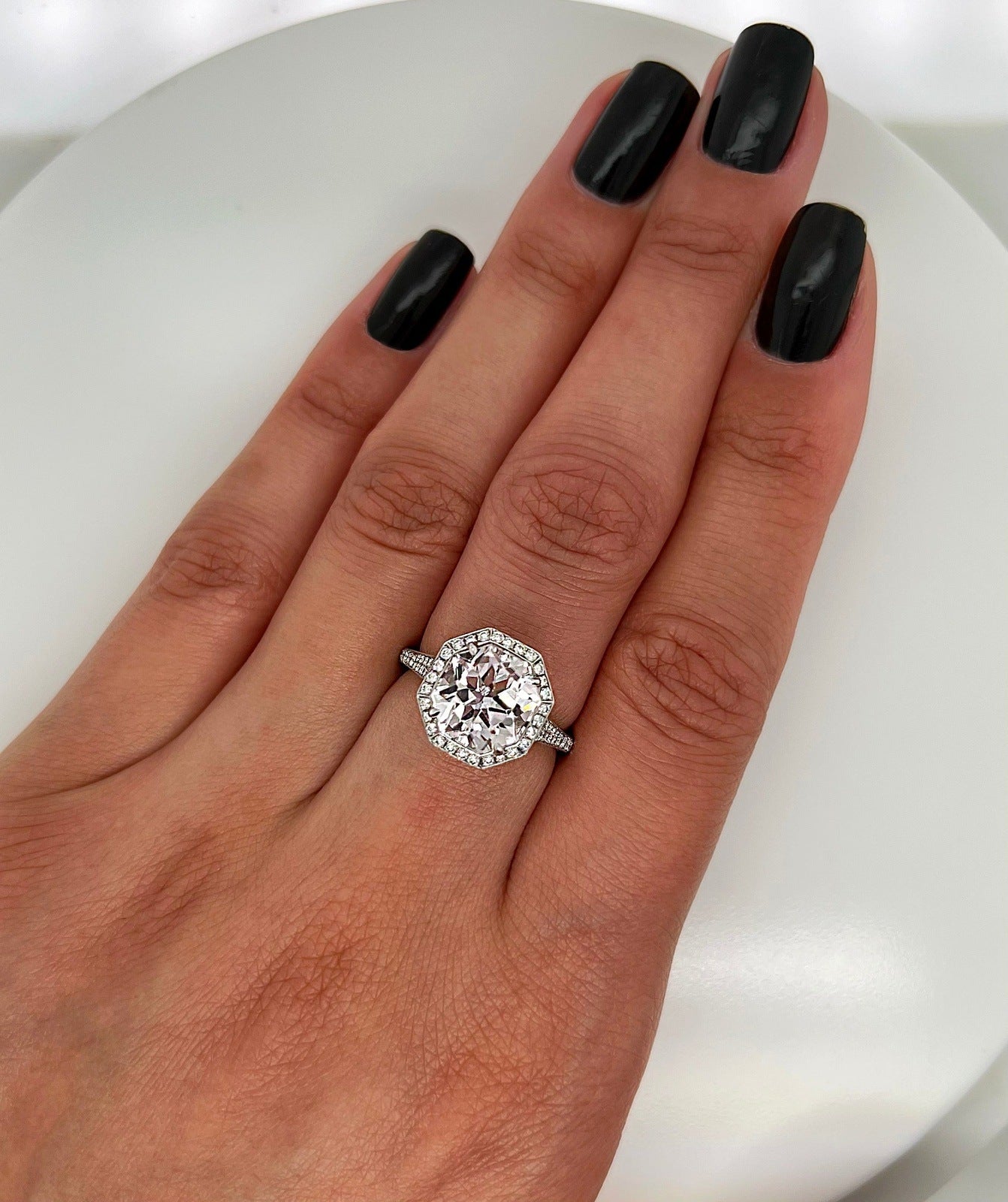 4.45 Total Carat Kunzite and Diamond Halo Pave-Set Ladies Ring