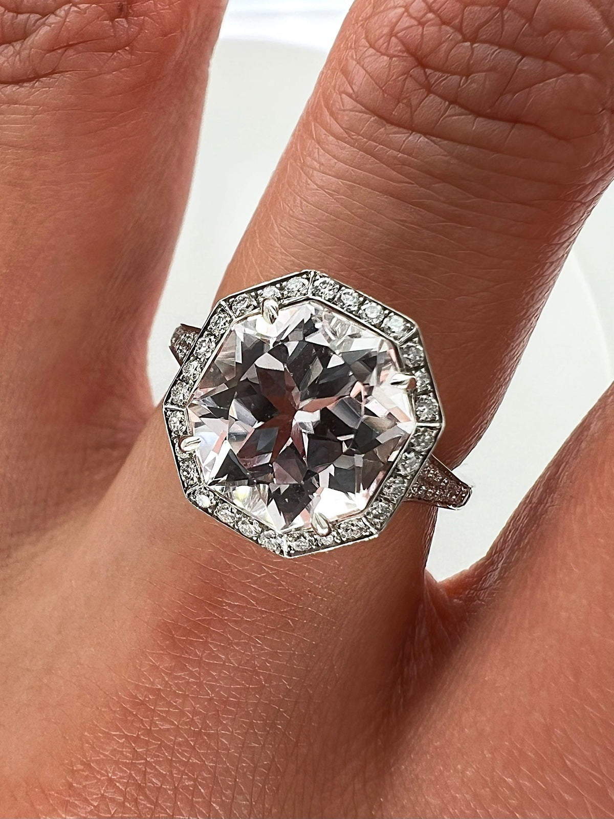 4.45 Total Carat Kunzite and Diamond Halo Pave-Set Ladies Ring
