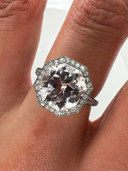 4.45 Total Carat Kunzite and Diamond Halo Pave-Set Ladies Ring