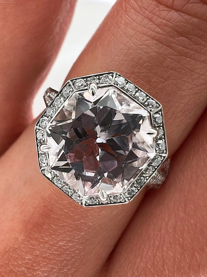 4.45 Total Carat Kunzite and Diamond Halo Pave-Set Ladies Ring