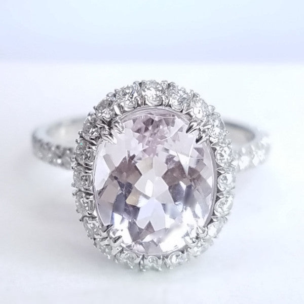 3.55 Total Carat Kunzite and Diamond Halo Pave-Set Ladies Ring