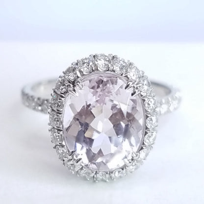3.55 Total Carat Kunzite and Diamond Halo Pave-Set Ladies Ring