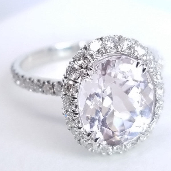 3.55 Total Carat Kunzite and Diamond Halo Pave-Set Ladies Ring