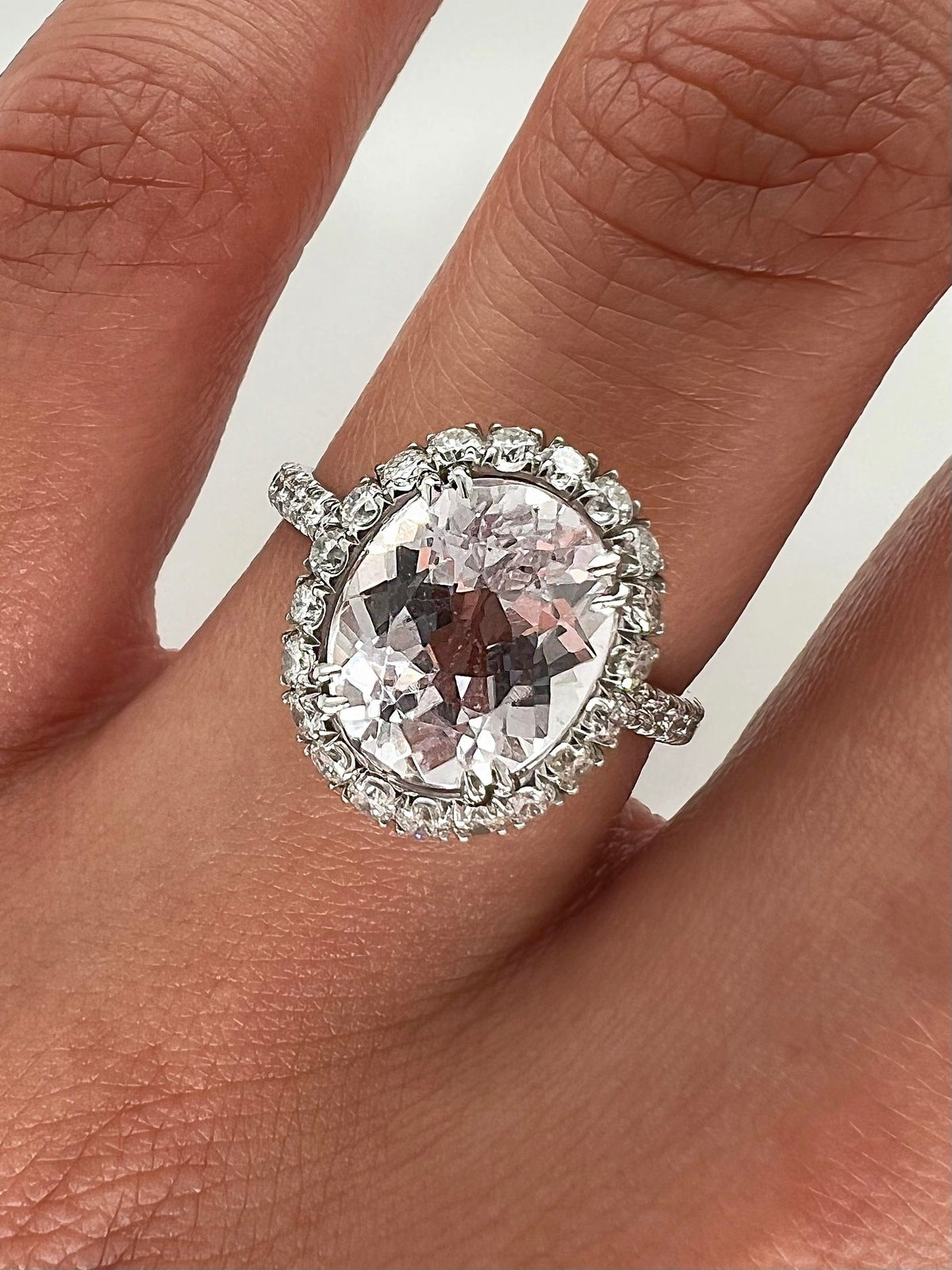 3.55 Total Carat Kunzite and Diamond Halo Pave-Set Ladies Ring