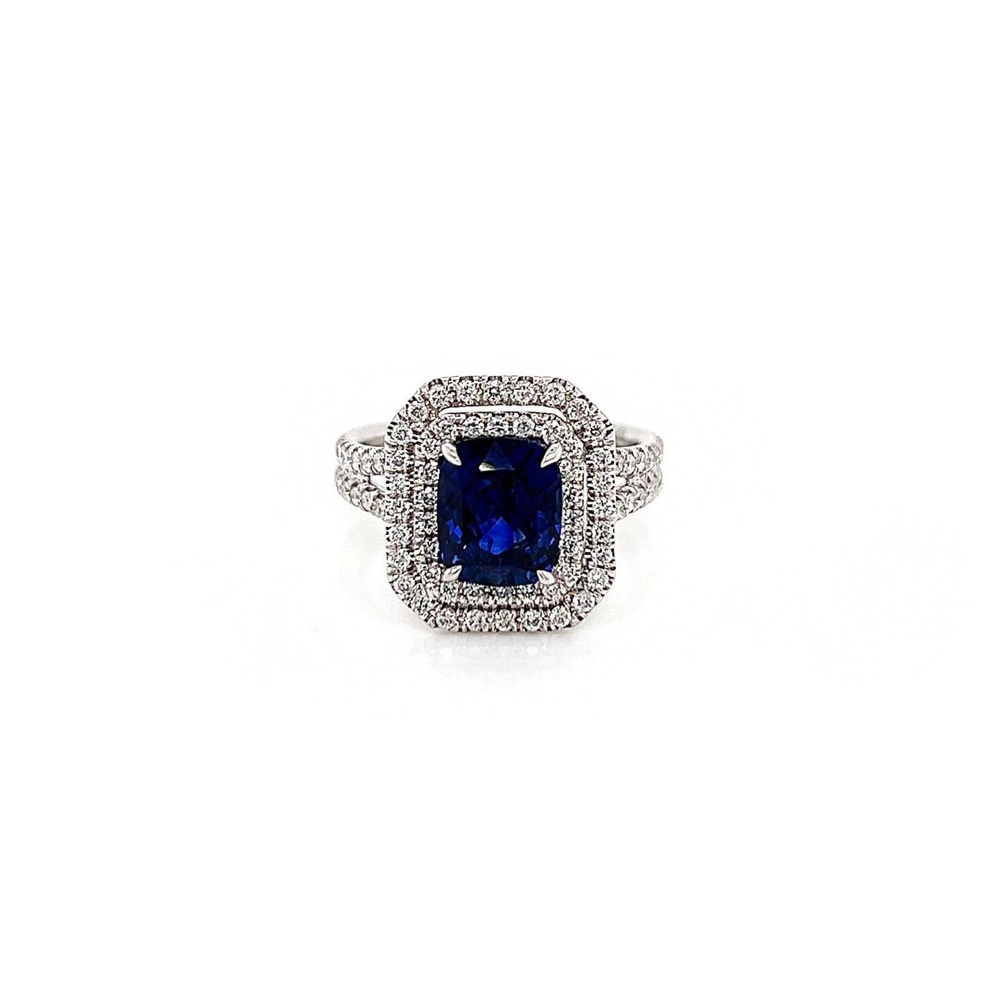 3.49 Total Carat Sapphire and Diamond Double-Halo Micro Pave-Set Ladies Ring