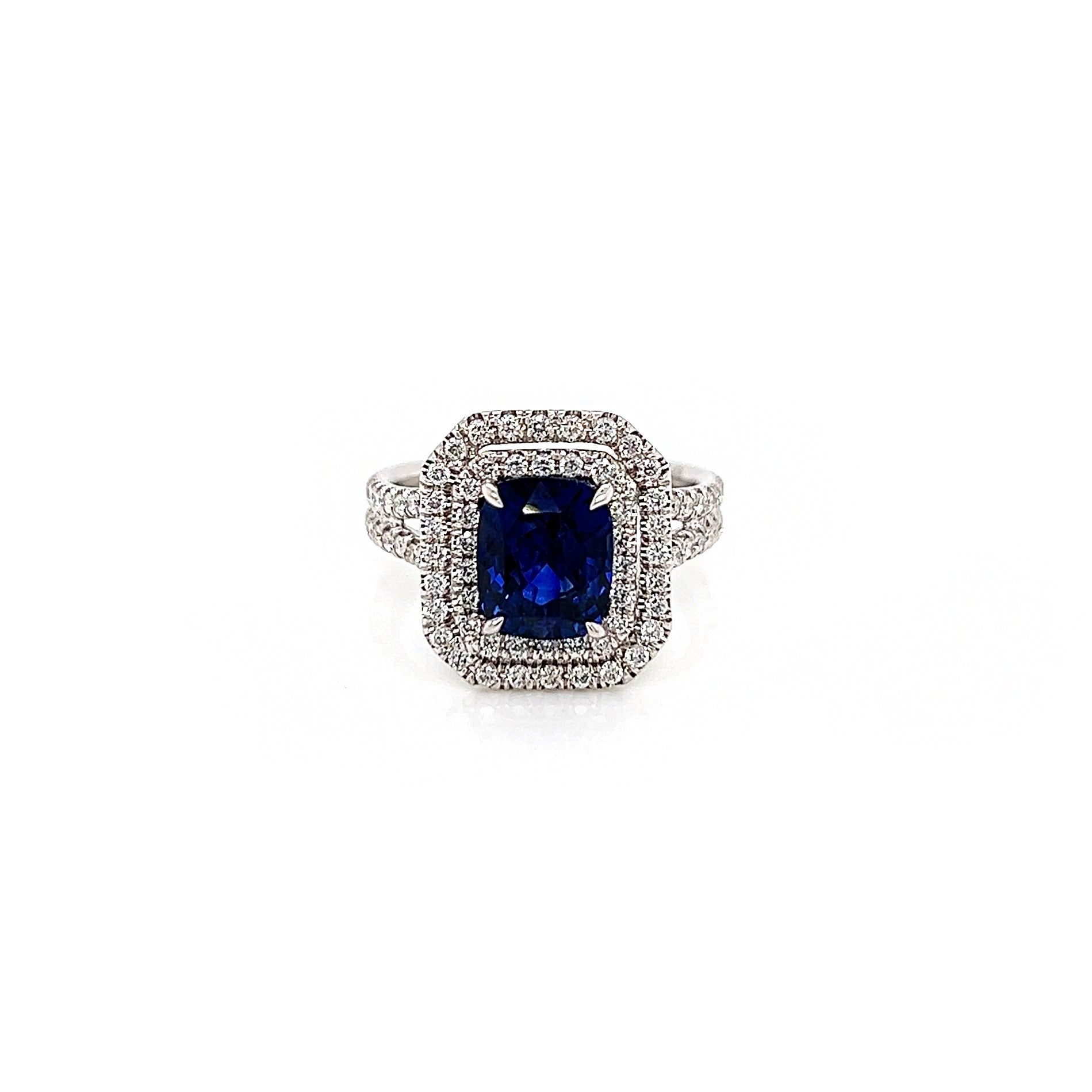 3.49 Total Carat Sapphire and Diamond Double-Halo Micro Pave-Set Ladies Ring