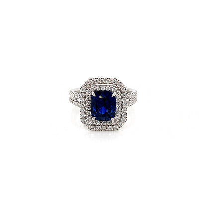 3.49 Total Carat Sapphire and Diamond Double-Halo Micro Pave-Set Ladies Ring