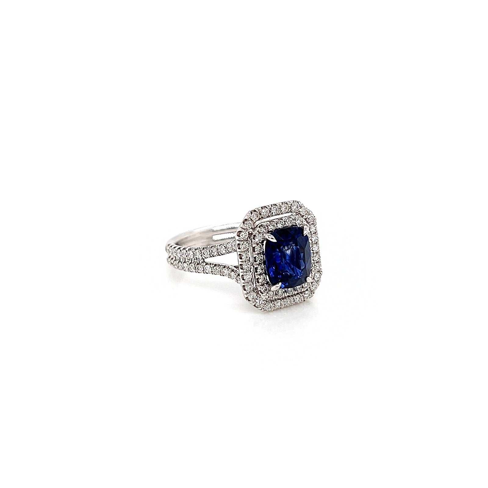 3.49 Total Carat Sapphire and Diamond Double-Halo Micro Pave-Set Ladies Ring