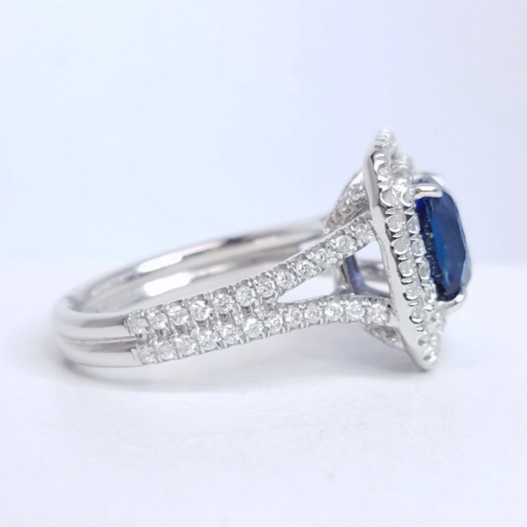 3.49 Total Carat Sapphire and Diamond Double-Halo Micro Pave-Set Ladies Ring