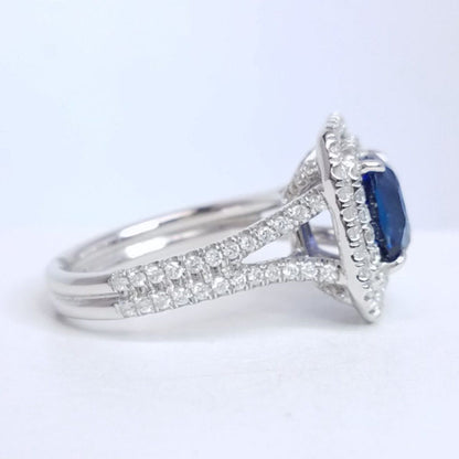 3.49 Total Carat Sapphire and Diamond Double-Halo Micro Pave-Set Ladies Ring