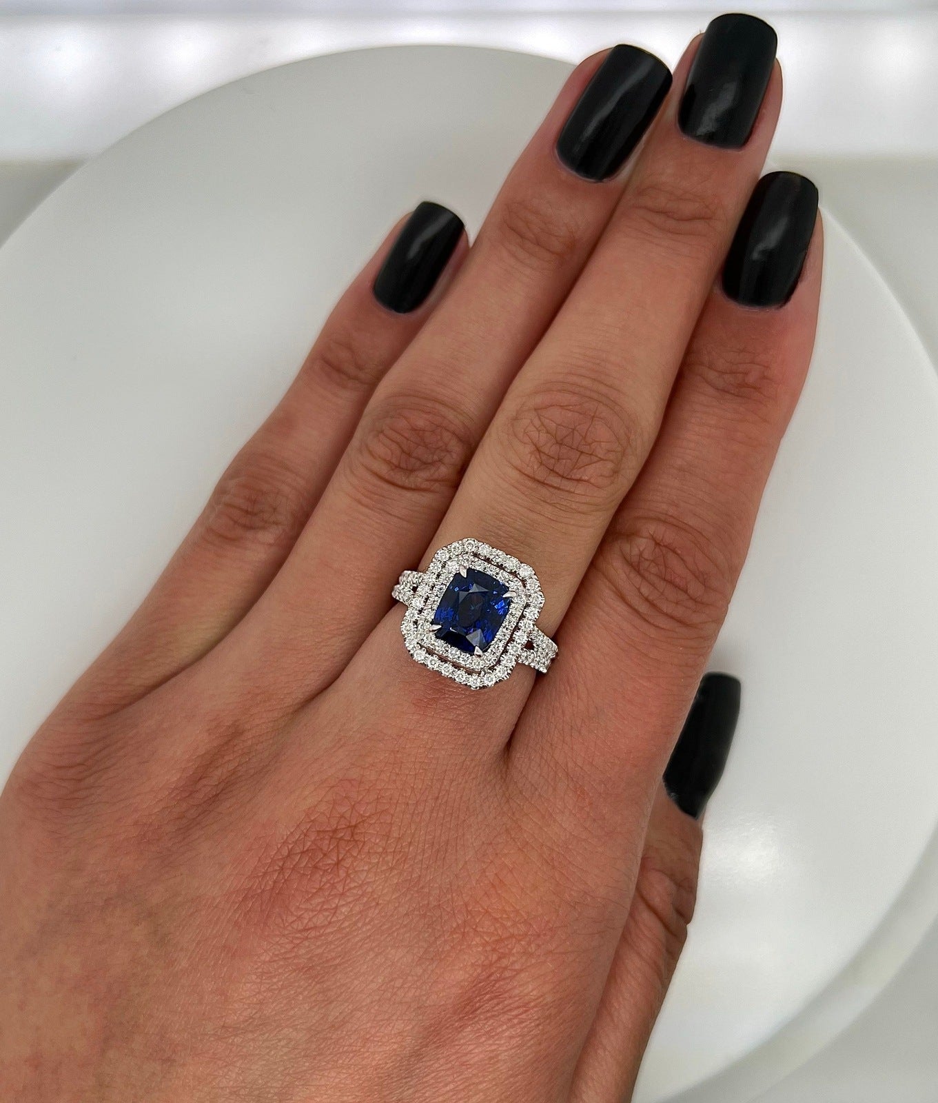 3.49 Total Carat Sapphire and Diamond Double-Halo Micro Pave-Set Ladies Ring